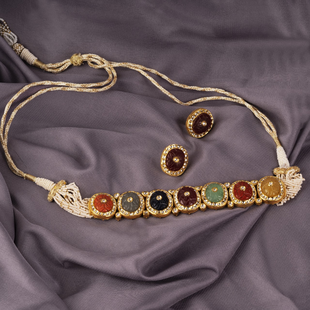 Full Kundan Set — Multicolour Carved Gemstone Necklace & Earrings